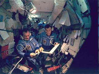 Dezhurov and Stekalov at Mir communications console